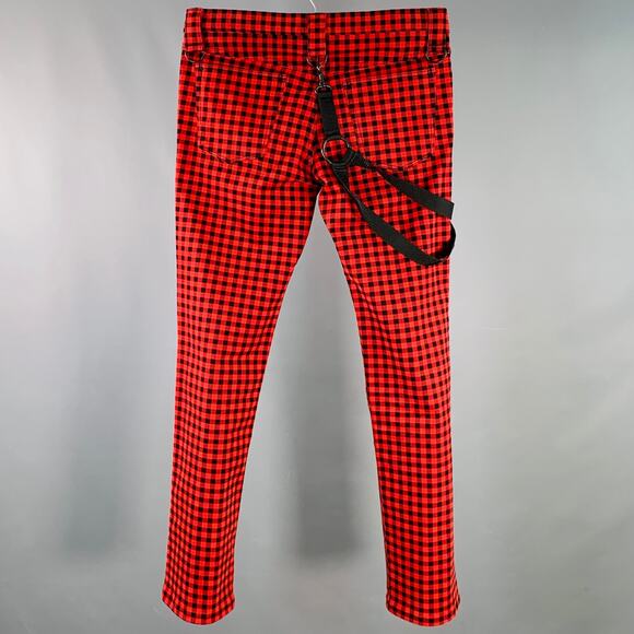 Size M Red Black Cotton Blend Checkered Straps Zip Fly Bondage Casual Pants - Picture 3 of 7